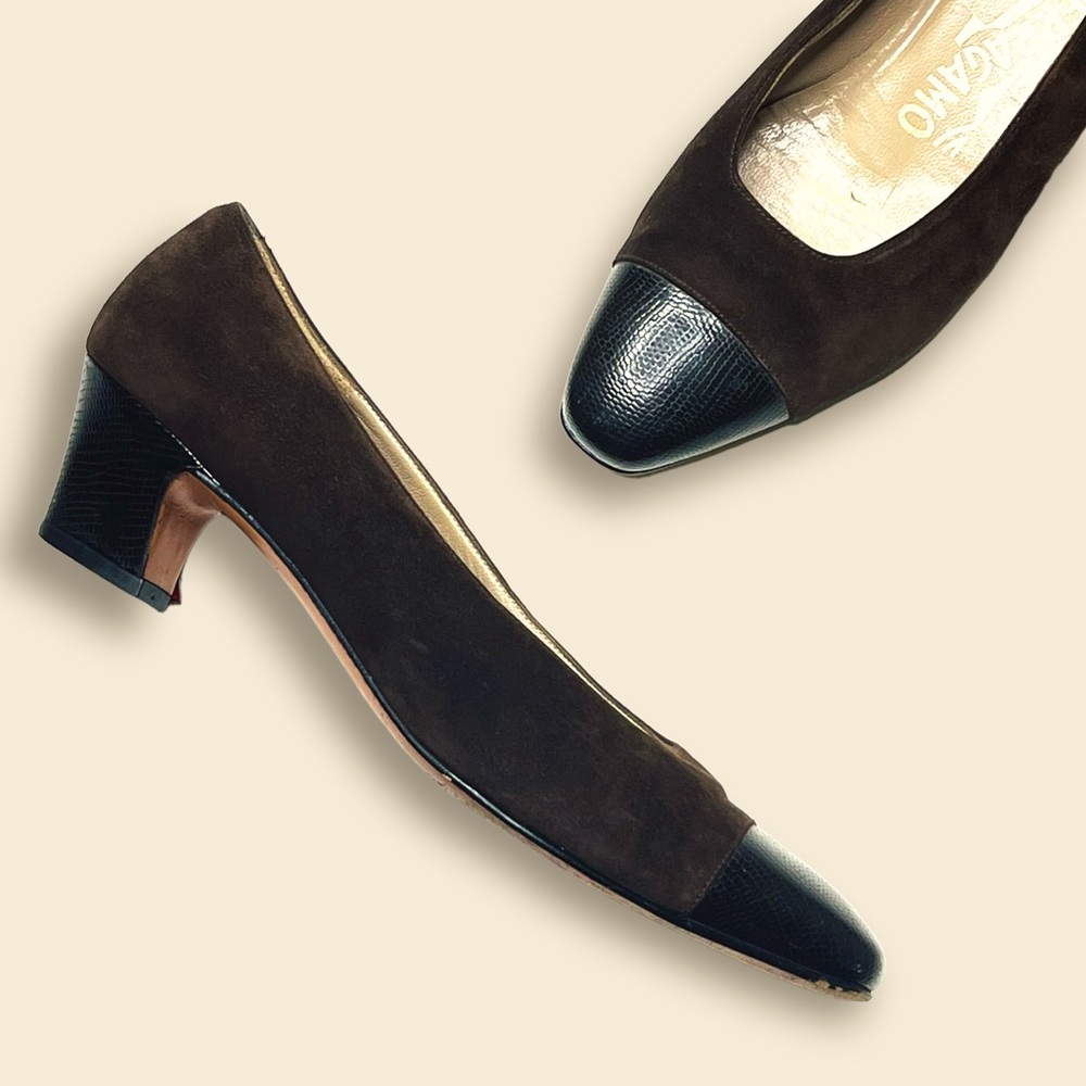 Vintage Salvatore Ferragamo Brown Suede and Leather Cap Toe Pumps Size 8